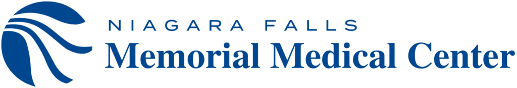 Logo for Niagara Falls Memorial Medical Center with blue stylized waves on the left and the centers name in blue text on the right.
