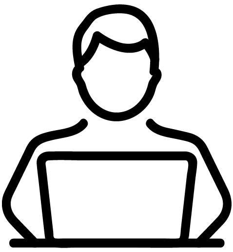 Simple black and white line drawing of a person sitting in front of a laptop, viewed from the front—a fitting visual for Workforce Development at SUNY Niagara: Empowering the Community Through Skilled Training and Certification Programs.