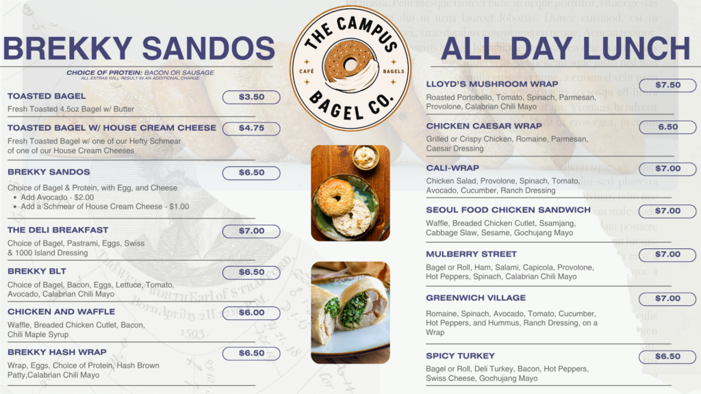 Menu for The Campus Bagel Co. featuring breakfast sandwiches (Brekky Sandos) and all-day lunch options, with prices and descriptions, arranged around a bagel photo in the center.