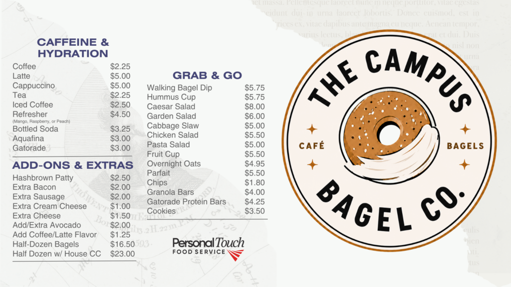 Menu for The Campus Bagel Co. featuring coffee, hydration drinks, add-ons, bagels, salads, parfaits, and protein bars, with prices listed. Logo shows a bagel with café name in a circle.