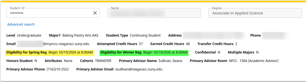 A student information page showing eligibility for Spring and Winter registration both beginning 10/19/2026 at 8:00AM. Other details like program, credits earned, advisor info, and contact are also displayed.