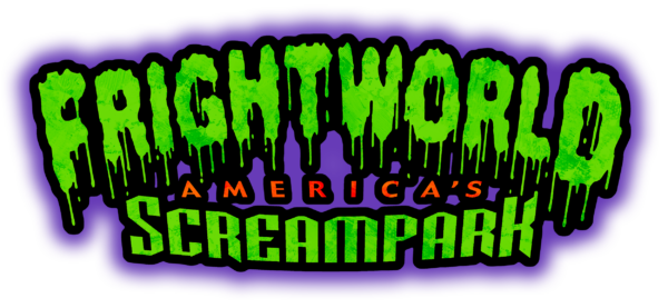 Logo with FRIGHTWORLD in dripping green letters, AMERICAS in small red letters beneath, and SCREAMPARK in bold green below, all outlined in black with a purple glow.