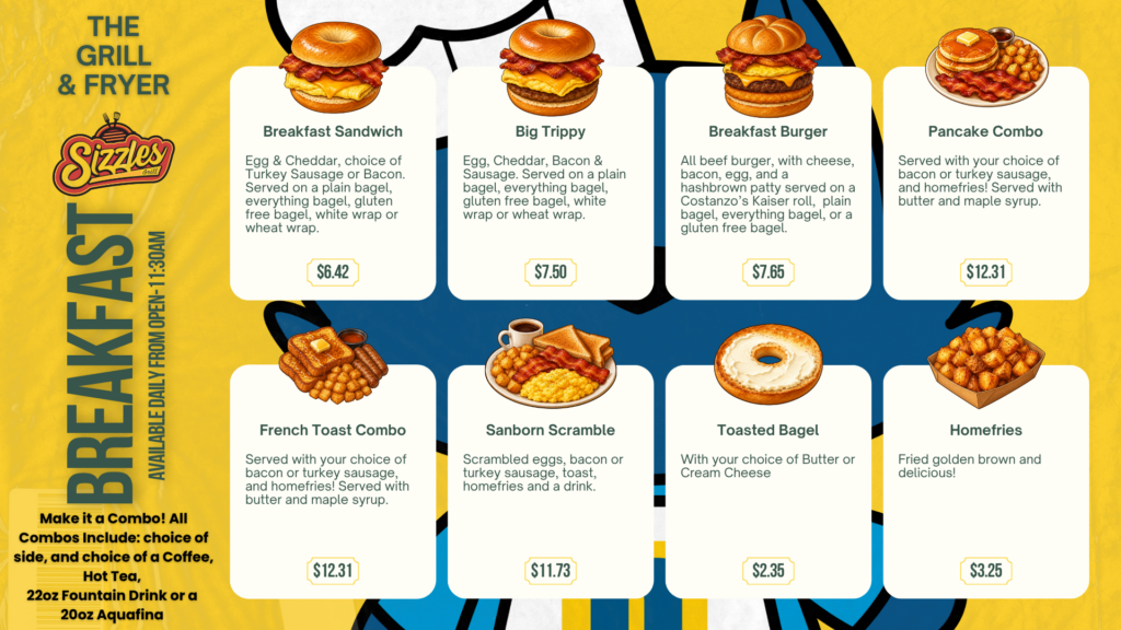 Breakfast menu with images of sandwiches, pancakes, toast, egg dishes, and homefries. Each item has a description and price, with the option to make any meal a combo. The menu is colorful with bold, clear text.