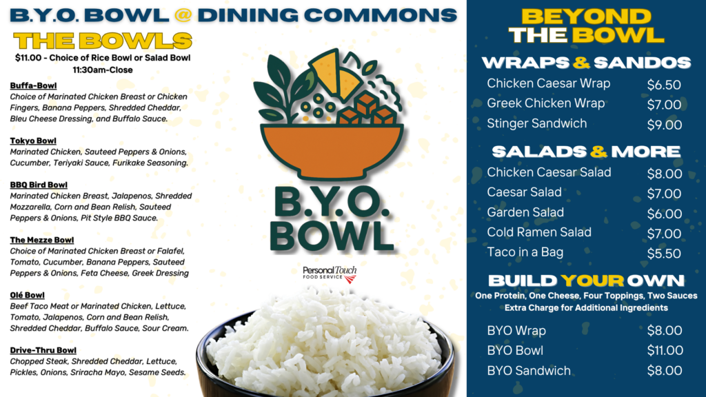 Menu board for B.Y.O. Bowl at Dining Commons featuring rice or salad bowls, wraps, sandwiches, salads, soup, and build-your-own options. Includes colorful bowls, prices, and a bowl of steamed white rice at the bottom.