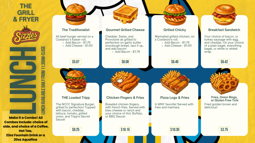 Menu board from The Grill & Fryer showing lunch options with images and prices for burgers, sandwiches, pizza, sides, and drinks. Background features a cartoon blue and yellow design.