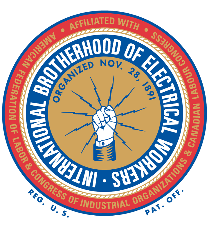 Circular logo of the International Brotherhood of Electrical Workers, featuring a fist grasping lightning bolts, with text about its organization date and affiliations around the border.