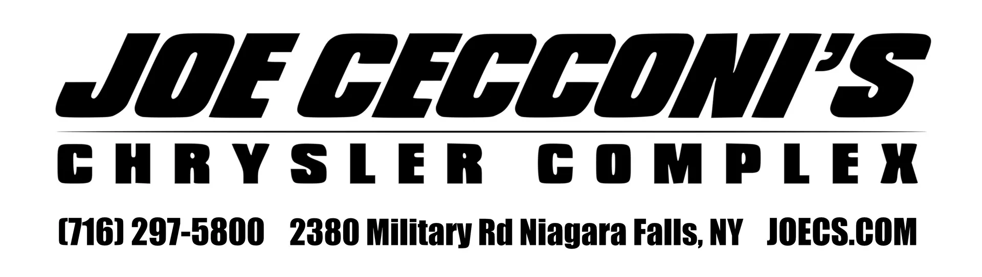 Black and white logo for Joe Cecconis Chrysler Complex with phone number, address at 2380 Military Rd, Niagara Falls, NY, and website JOECS.COM.