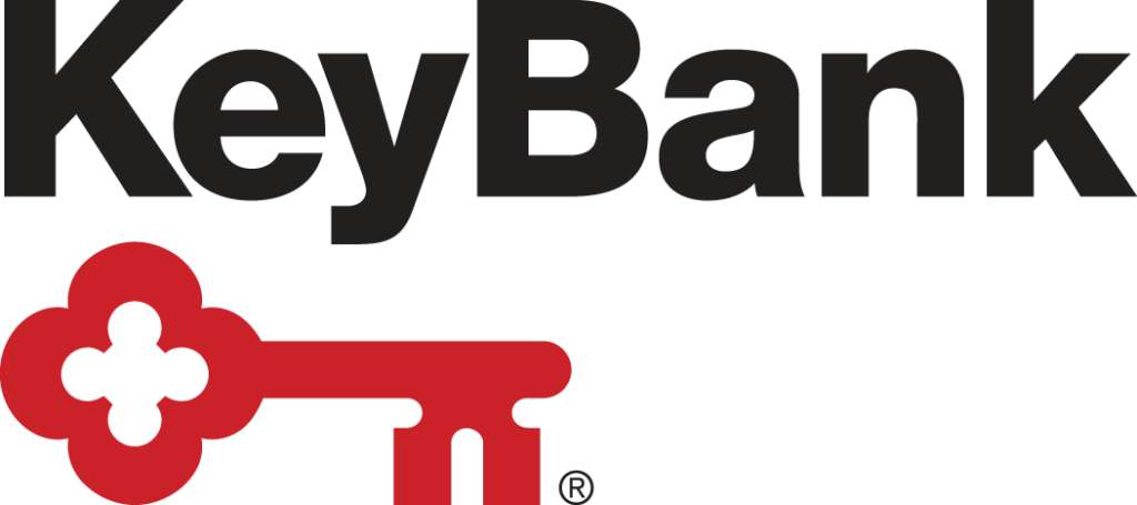 The KeyBank logo features bold black text KeyBank with a large red key symbol beneath it, the key head shaped like a four-leaf clover with a registered trademark symbol.