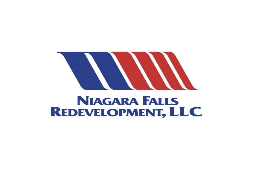 Logo with five angled stripes, three blue and two red, above the text Niagara Falls Redevelopment, LLC in bold blue capital letters on a white background.