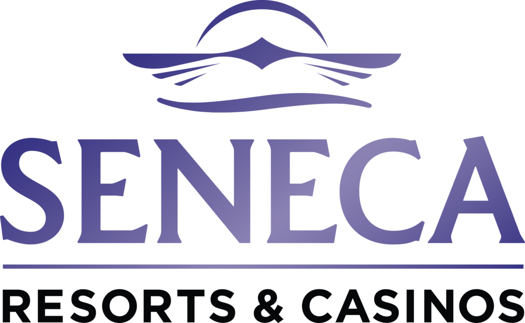 Seneca Resorts & Casinos logo in purple, featuring stylized waves and a rising sun above the word SENECA, with RESORTS & CASINOS below in black capital letters.