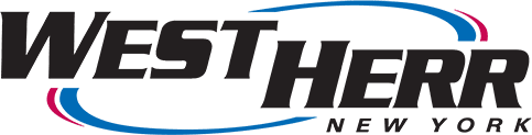 West Herr New York logo in bold black letters, with red and blue swooshes above and below the text on a light gray background.