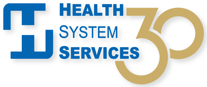 Blue logo with text Health System Services stacked on the left and a large gold 30 on the right, indicating a 30th anniversary or milestone celebration.