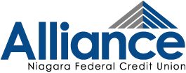 Logo for Alliance Niagara Federal Credit Union, featuring the word Alliance in large blue letters with a stylized blue and gray triangular roof design above the nce..